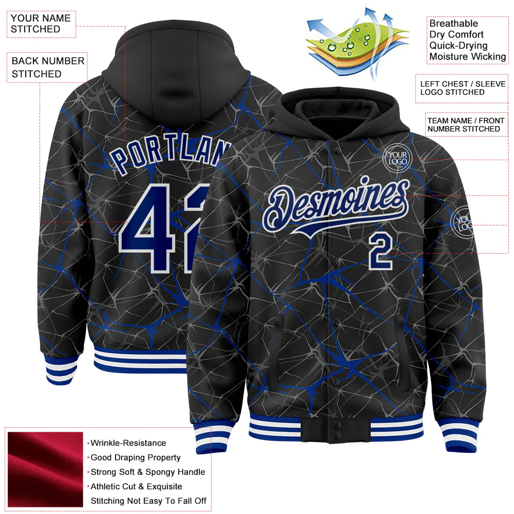 Custom Black Royal-White Abstract Network 3D Pattern Design Bomber Full-Snap Varsity Letterman Hoodie Jacket - Image 4