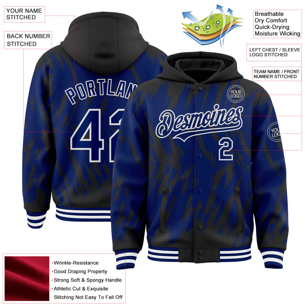 Custom Black Royal-White Abstract Sharp Shape Fragment Pattern Bomber Full-Snap Varsity Letterman Hoodie Jacket - Image 4