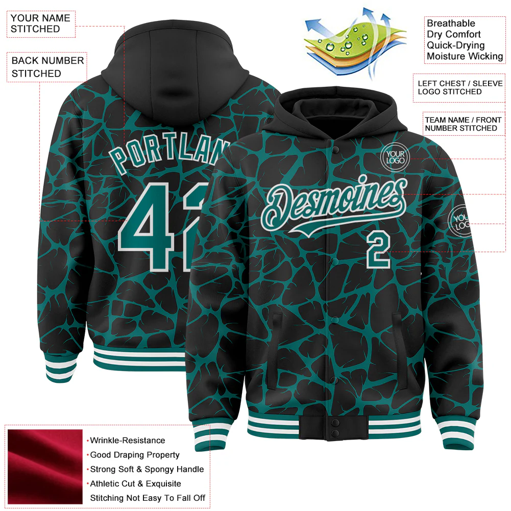 Custom Black Teal-White Abstract Network Bomber Full-Snap Varsity Letterman Hoodie Jacket - Image 4