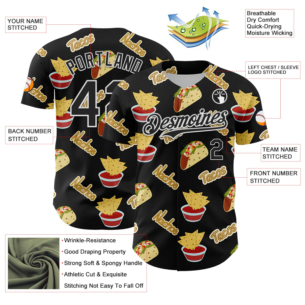 Custom Black White 3D Mexican Festival Nachos And Tacos Cinco de Mayo Authentic Baseball Jersey - Image 3