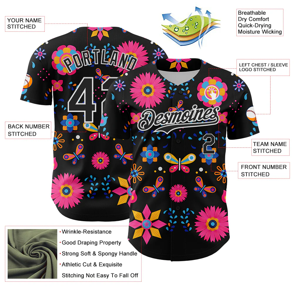 Custom Black White 3D Mexican Festival Flower Cinco de Mayo Authentic Baseball Jersey - Image 3