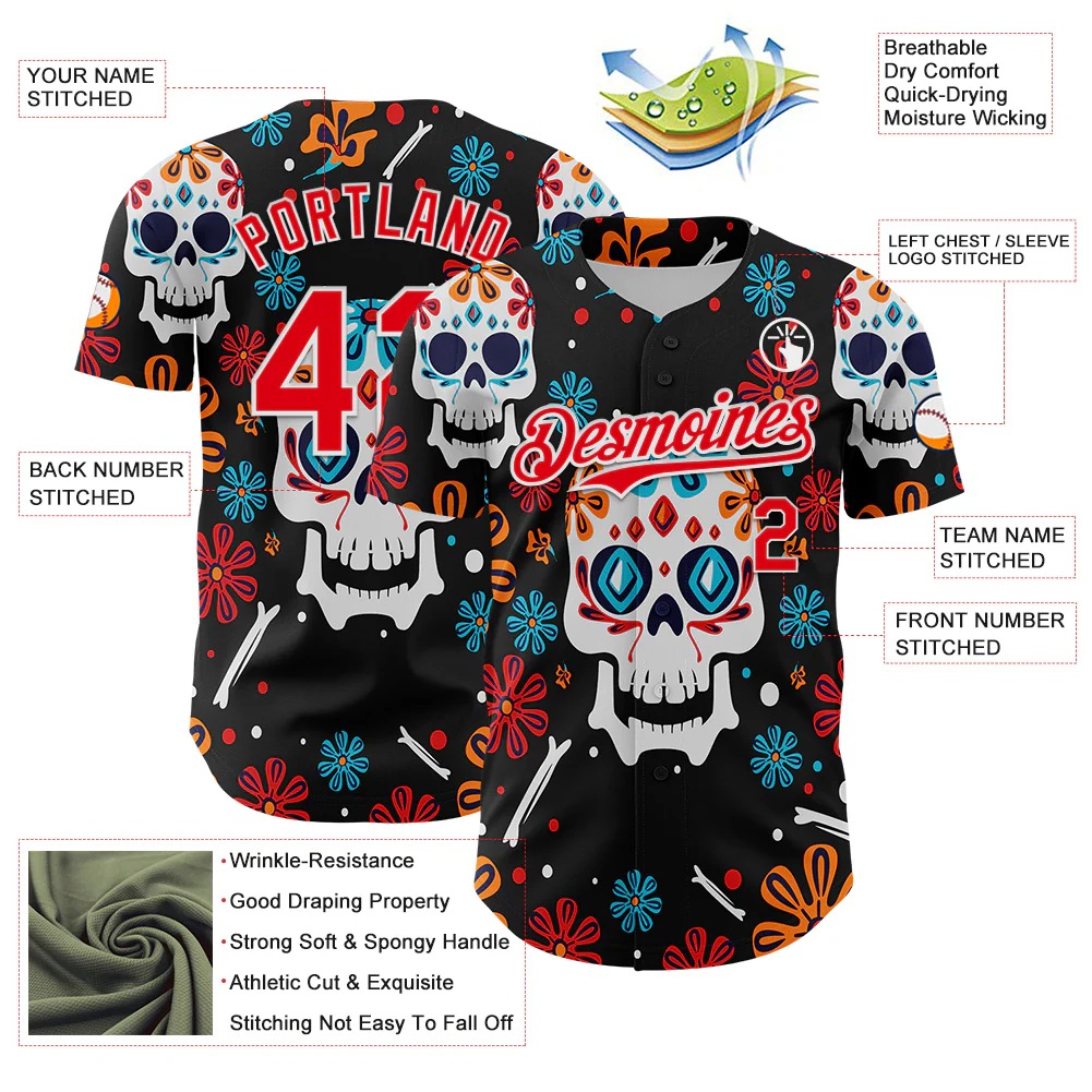 Custom Kelly Green Fire Red-White 3D Mexican Festival Flower And Skull Cinco de Mayo Authentic Baseball Jersey - Image 3