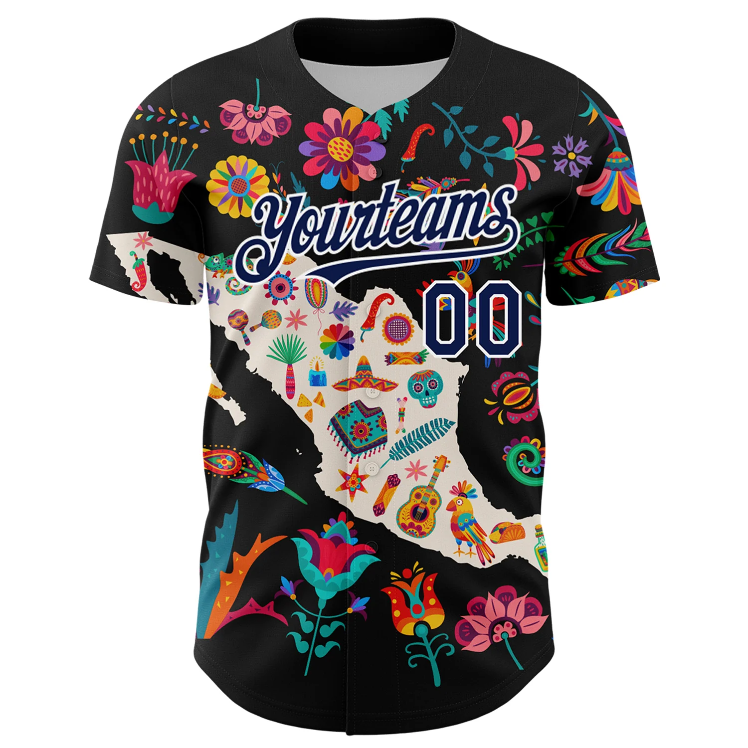 Custom Black Navy-White 3D Mexico Map With Tropical Plant And Animal Authentic Baseball Jersey - Image 2