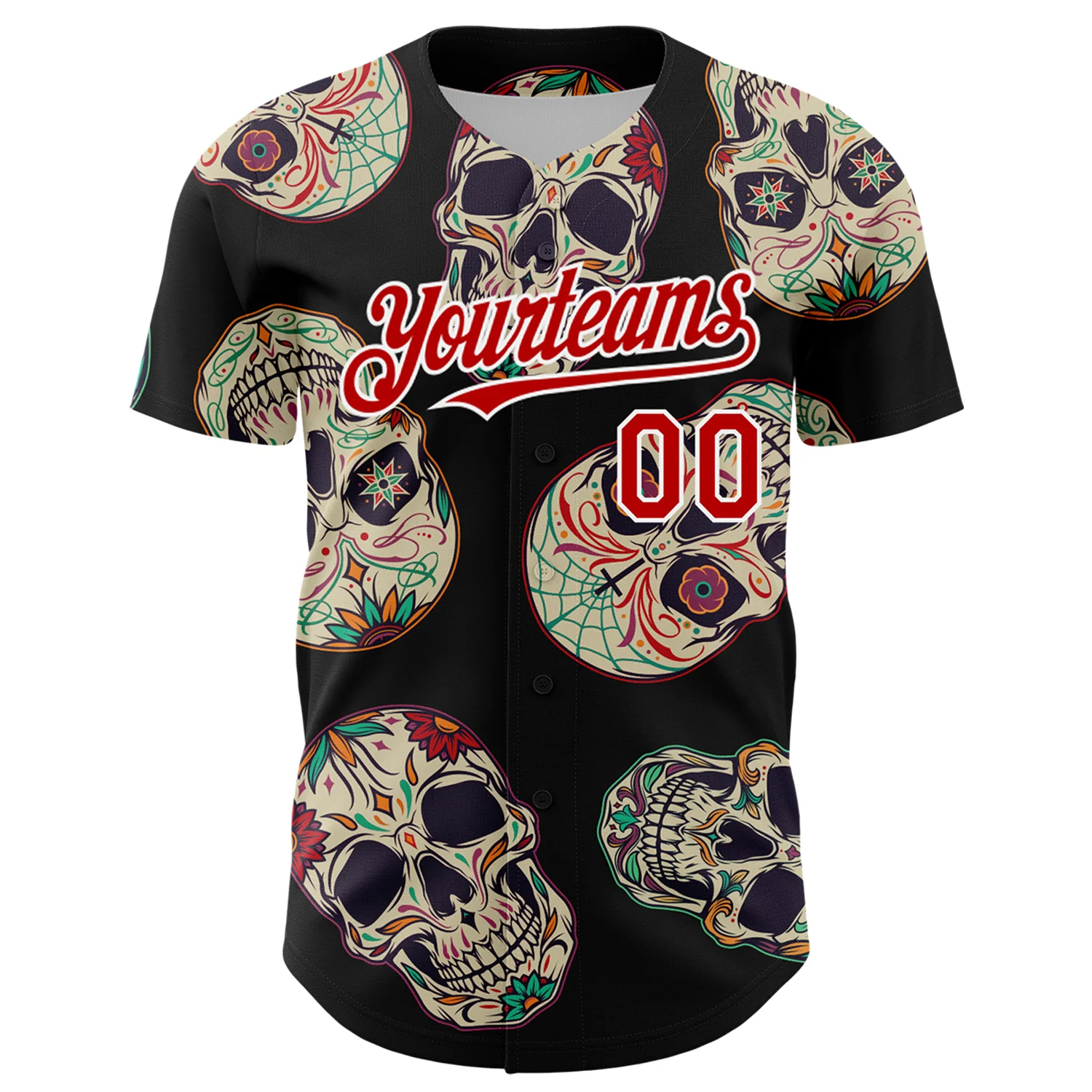 Custom Black Red-White 3D Mexican Skull Authentic Baseball Jersey - Image 2