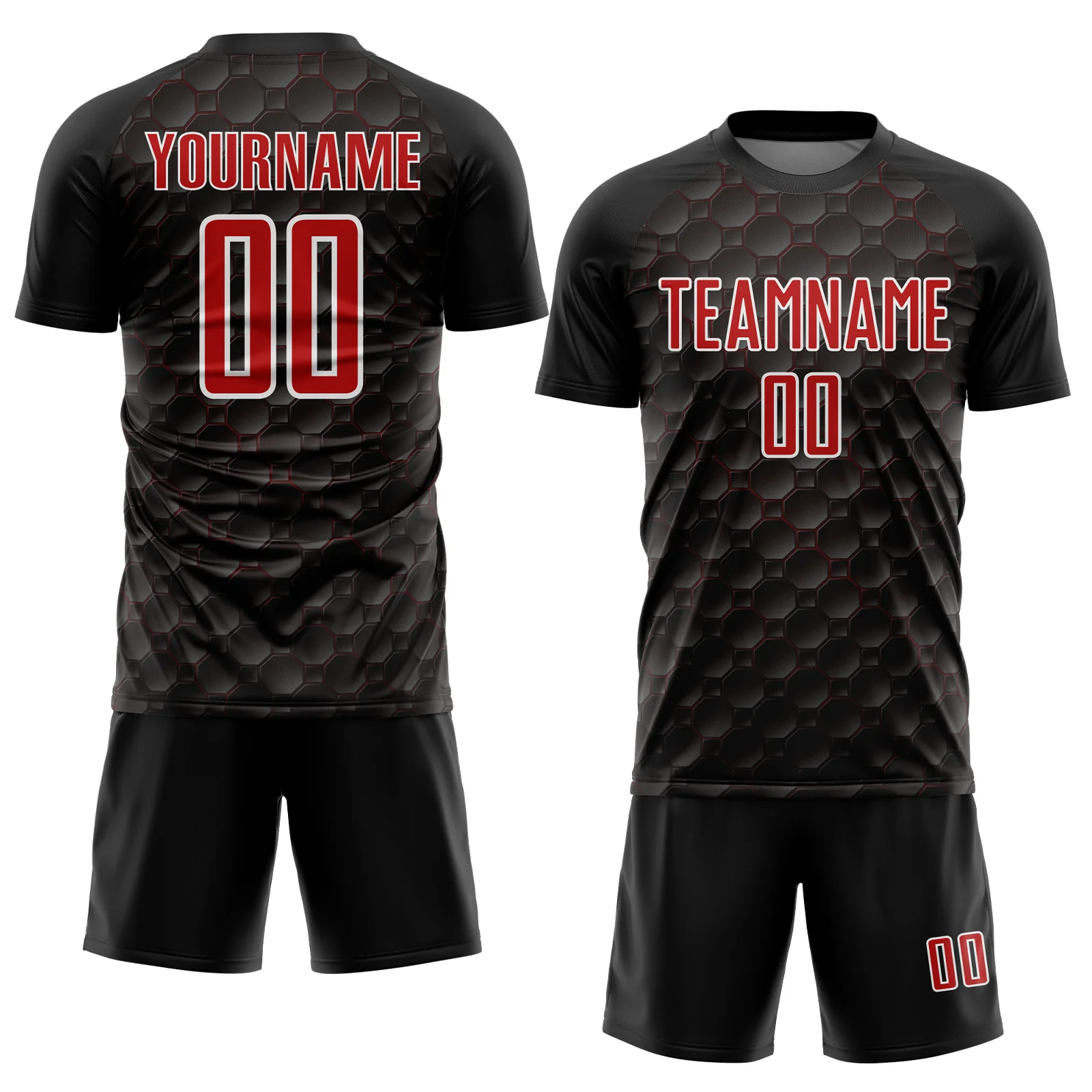 Custom Black Red-White Geometric Shape Sublimation Soccer Uniform Jersey - Image 2
