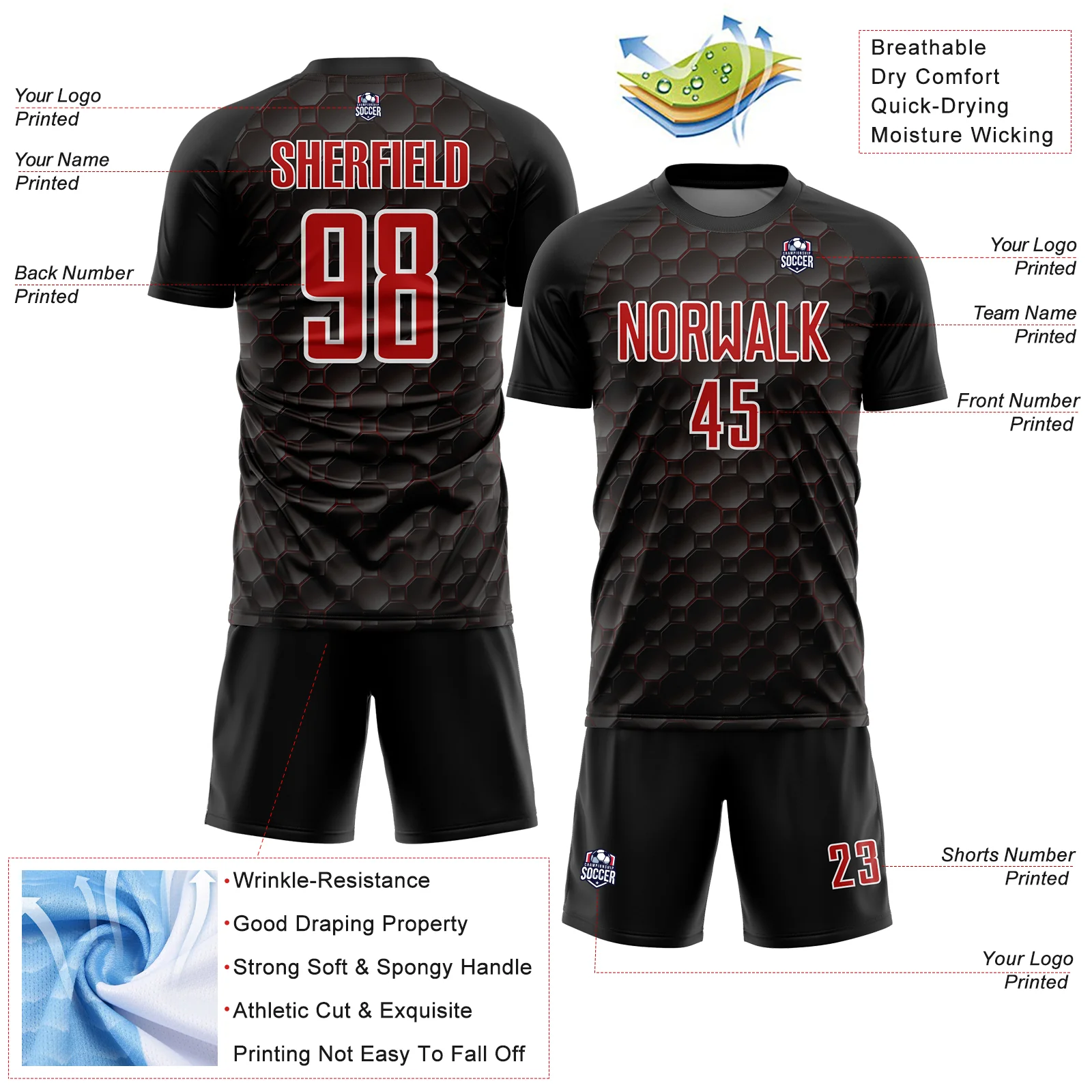 Custom Black Red-White Geometric Shape Sublimation Soccer Uniform Jersey - Image 4