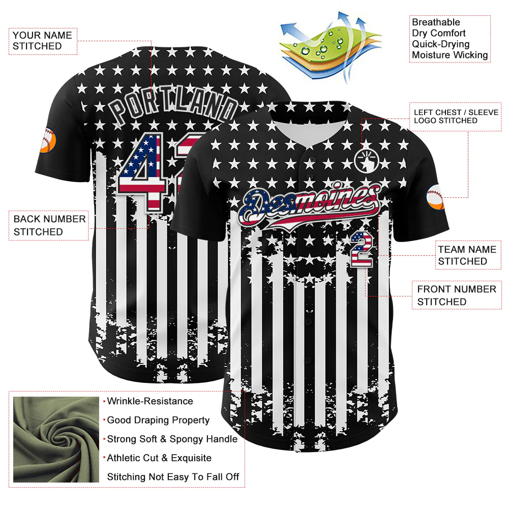 Custom Black USA Flag-White 3D Retro American Flag Authentic Baseball Jersey - Image 3