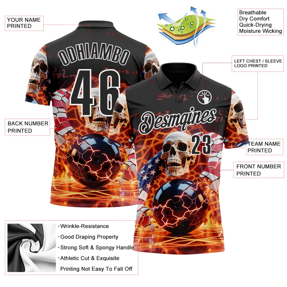 Custom Black White 3D American Flag Flame Lightning Skull Bowling Performance Polo Shirt - Image 3