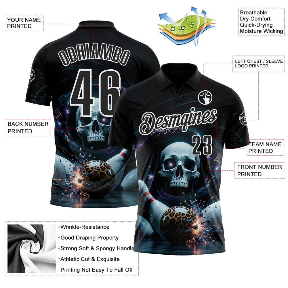 Custom Black White 3D Galaxy Leopard Print Skull Bowling Performance Polo Shirt - Image 3