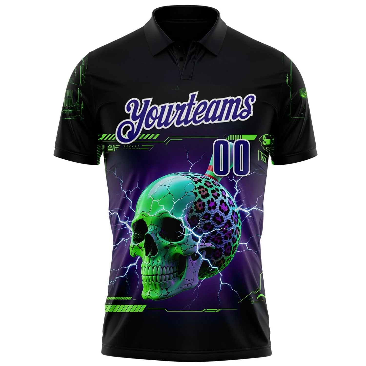 Custom Black Dark Purple-White 3D Lightning Leopard Print Skull Bowling Performance Polo Shirt - Image 2