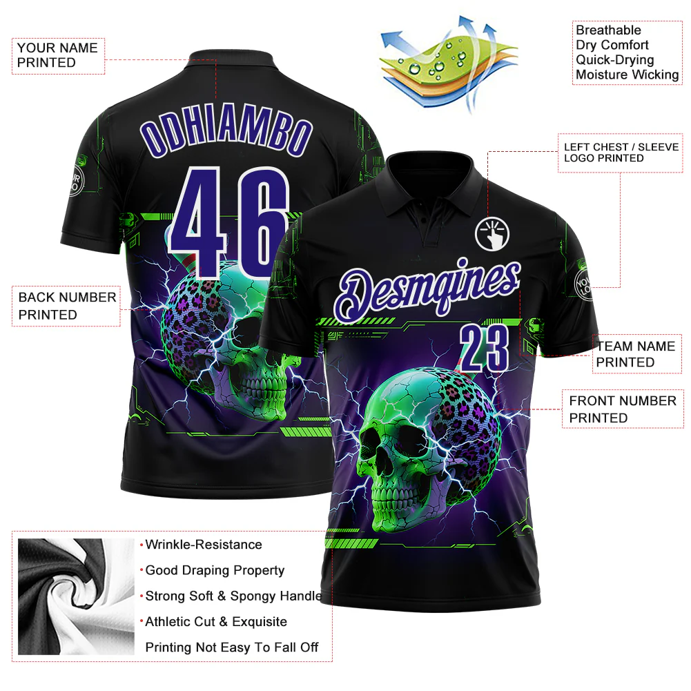 Custom Black Dark Purple-White 3D Lightning Leopard Print Skull Bowling Performance Polo Shirt - Image 3