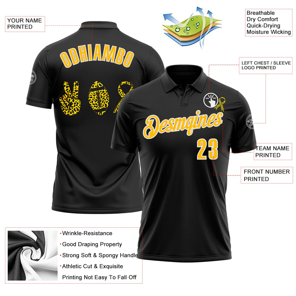 Custom Black Gold-White 3D Pattern Design Yellow Ribbon Bone Cancer Awareness Leopard Pattern Football Performance Polo Shirt - Image 3