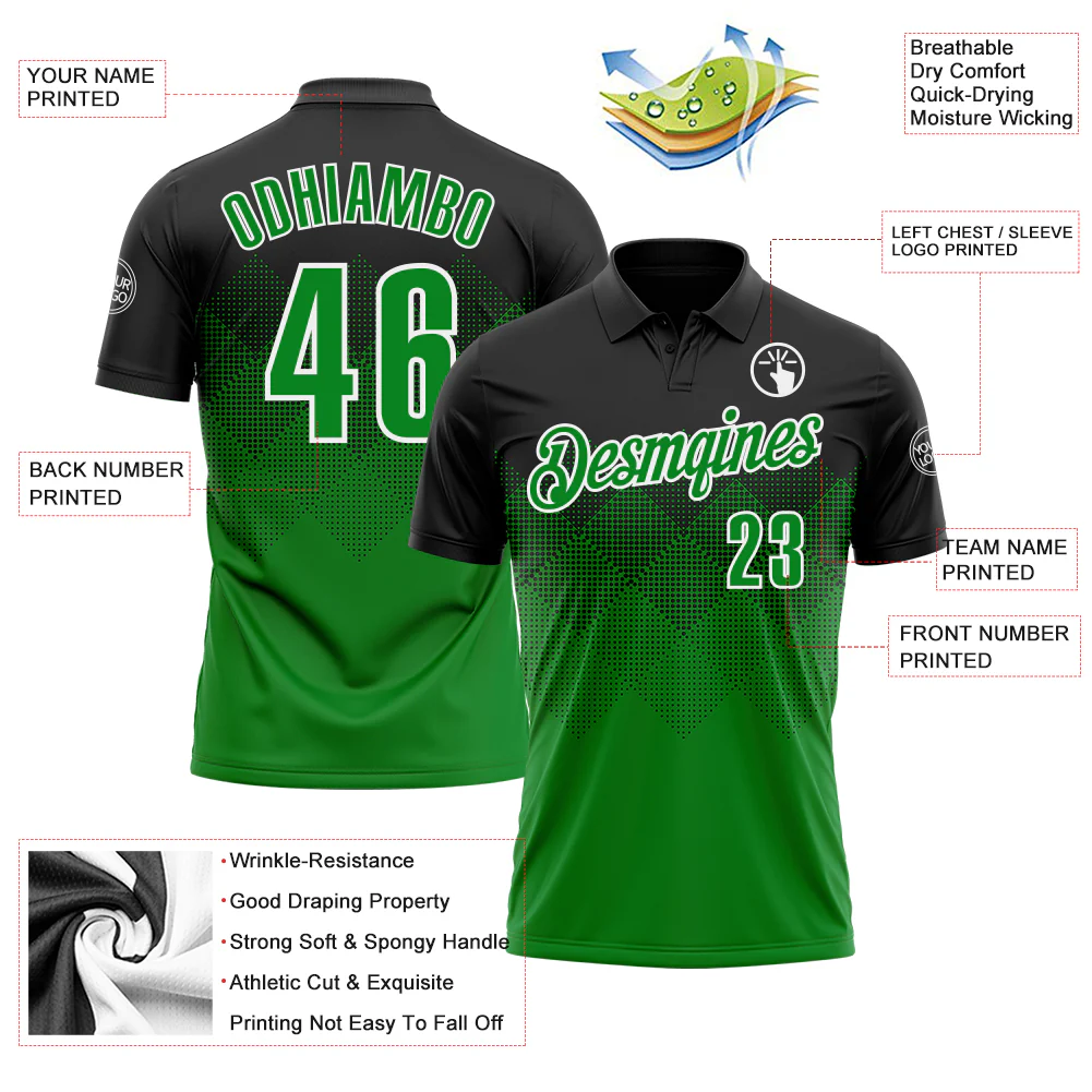 Custom Black Grass Green-White 3D Pattern Design Gradient Square Shape Performance Polo Shirt - Image 3