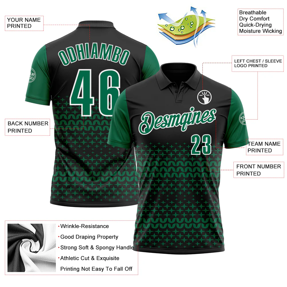 Custom Black Kelly Green-White 3D Pattern Design Star Performance Polo Shirt - Image 3