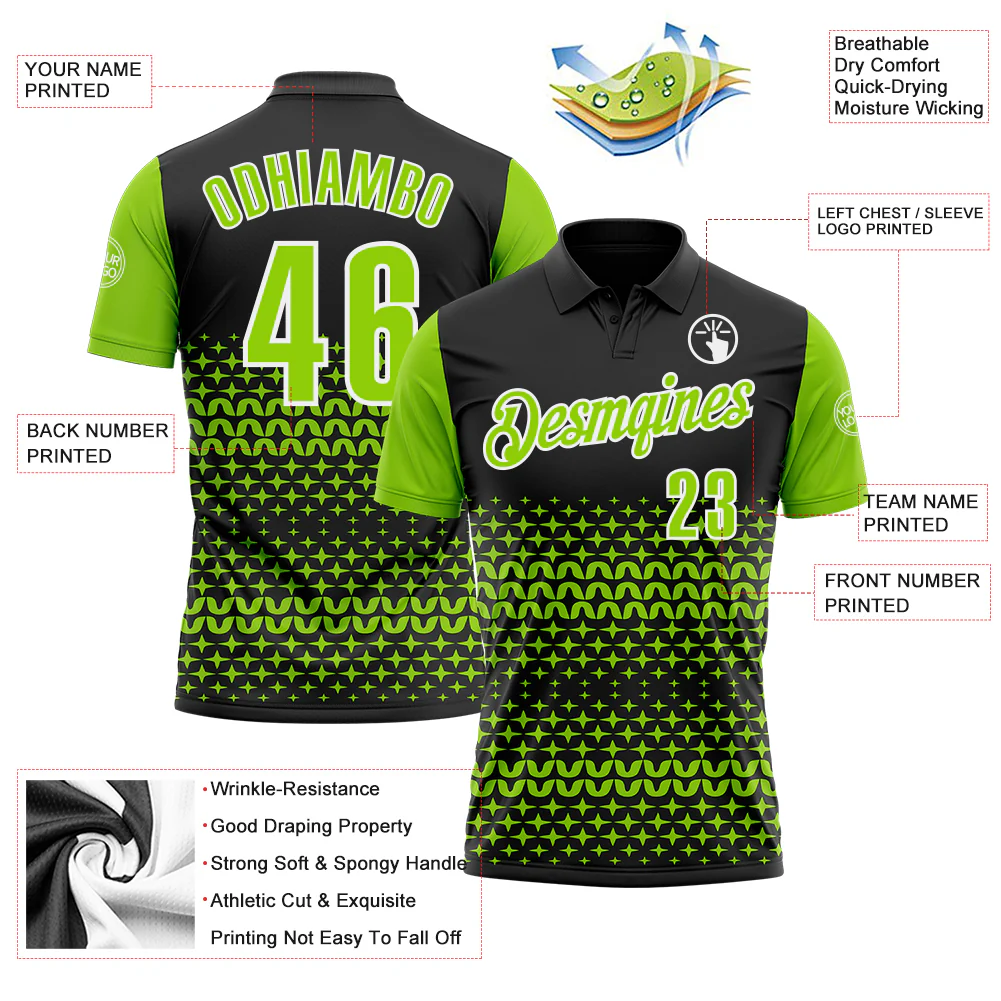 Custom Black Neon Green-White 3D Pattern Design Star Performance Polo Shirt - Image 3