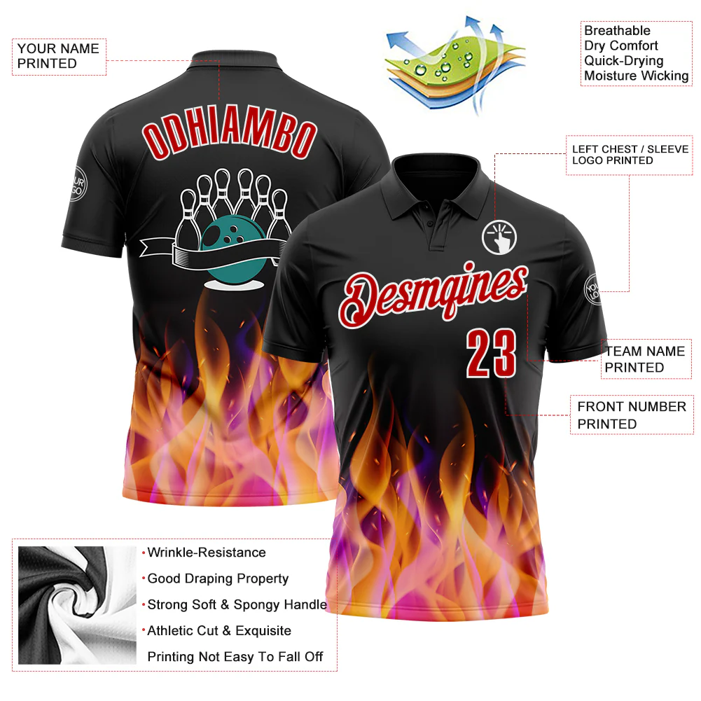 Custom Black Red-White 3D Bowling Burning Flame Performance Polo Shirt - Image 3