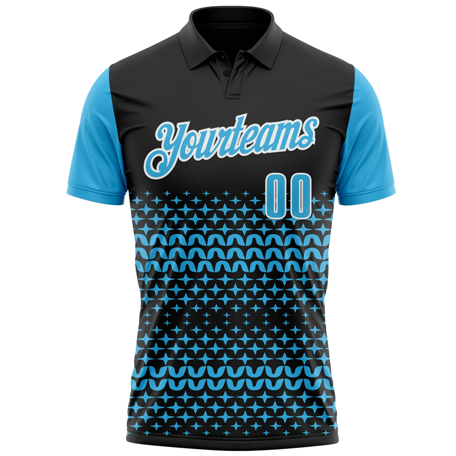 Custom Black Sky Blue-White 3D Pattern Design Star Performance Polo Shirt - Image 2