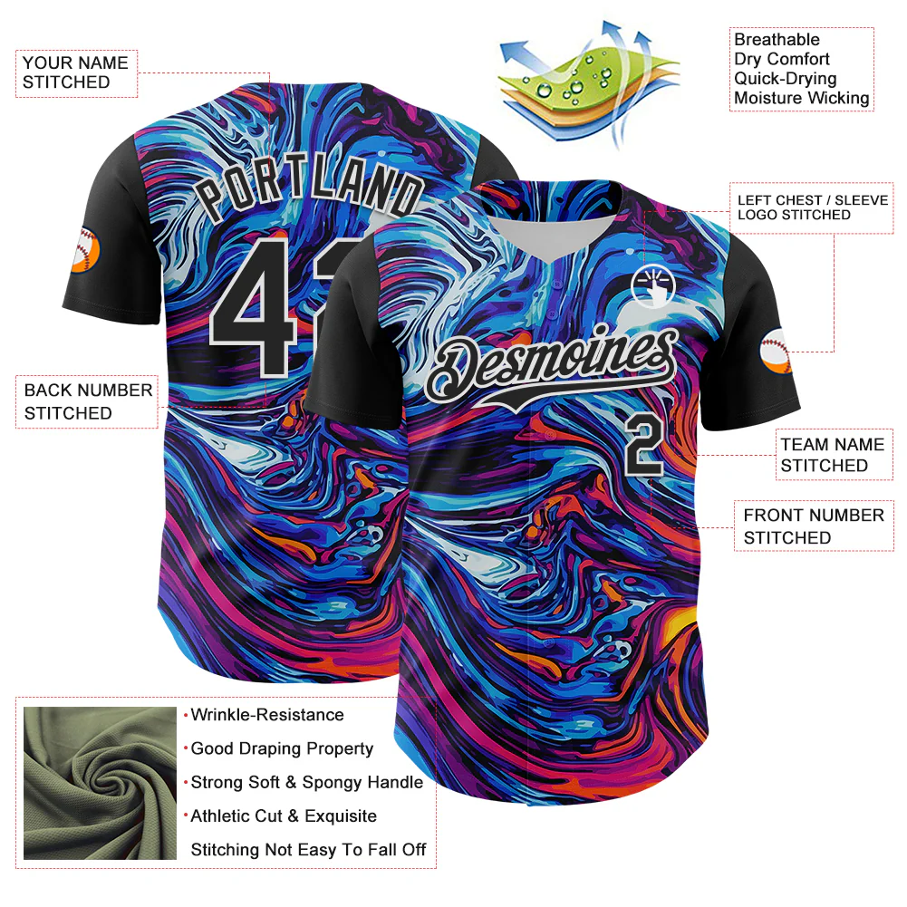 Custom Black White 3D Pattern Design Burner Costumes Lava Authentic Baseball Jersey - Image 3