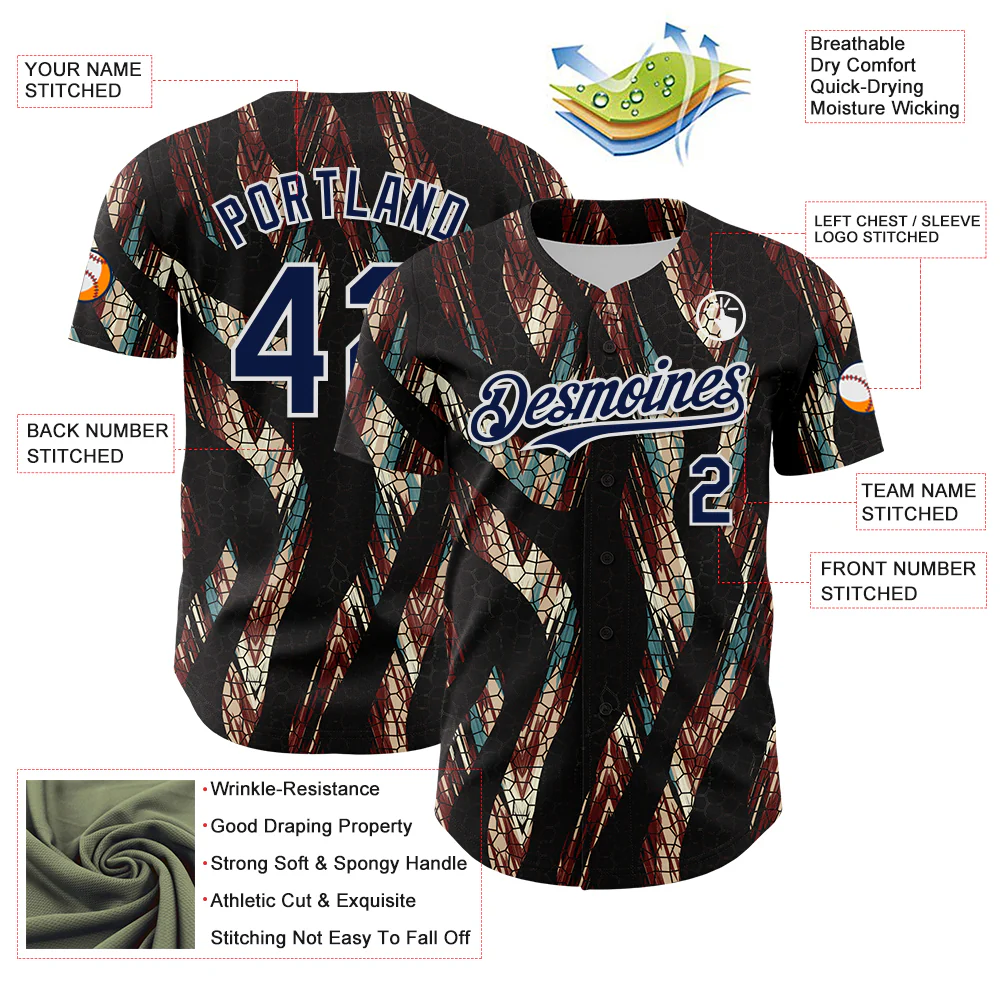 Custom Black Navy-White 3D Pattern Design Burner Costumes Animal Print Authentic Baseball Jersey - Image 3