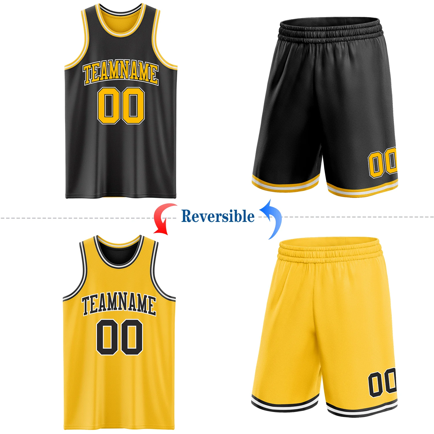 Custom Reversible Black Gold-White Double Side Sublimation Basketball Suit Jersey - Image 2