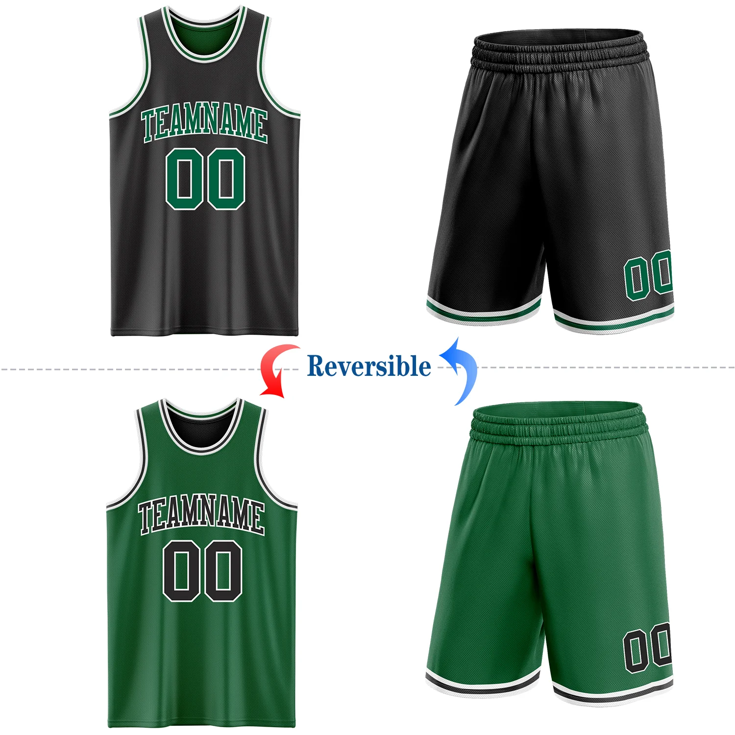 Custom Reversible Black Kelly Green-White Double Side Sublimation Basketball Suit Jersey - Image 2