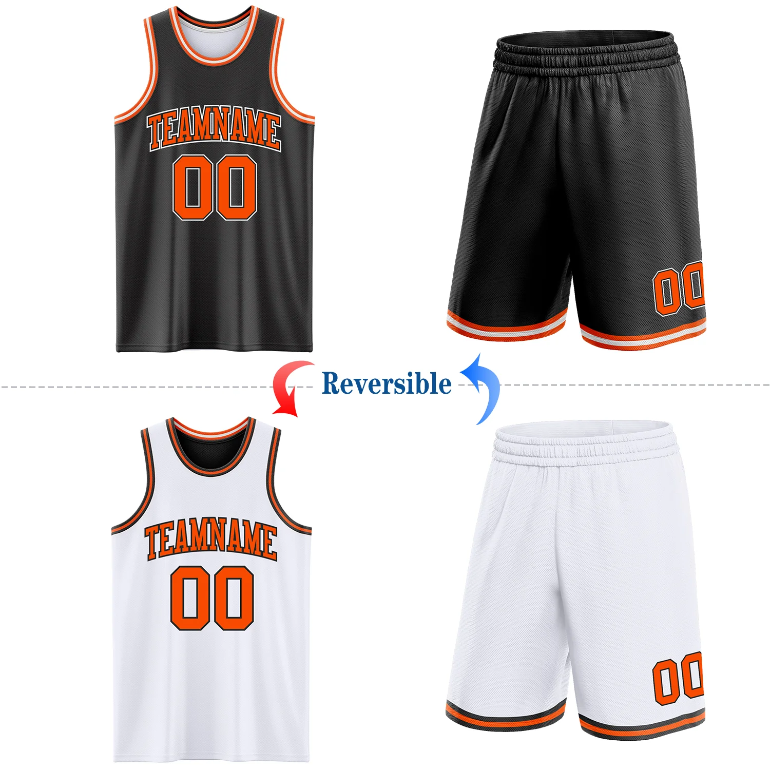 Custom Reversible Black Orange-White Double Side Sublimation Basketball Suit Jersey - Image 2