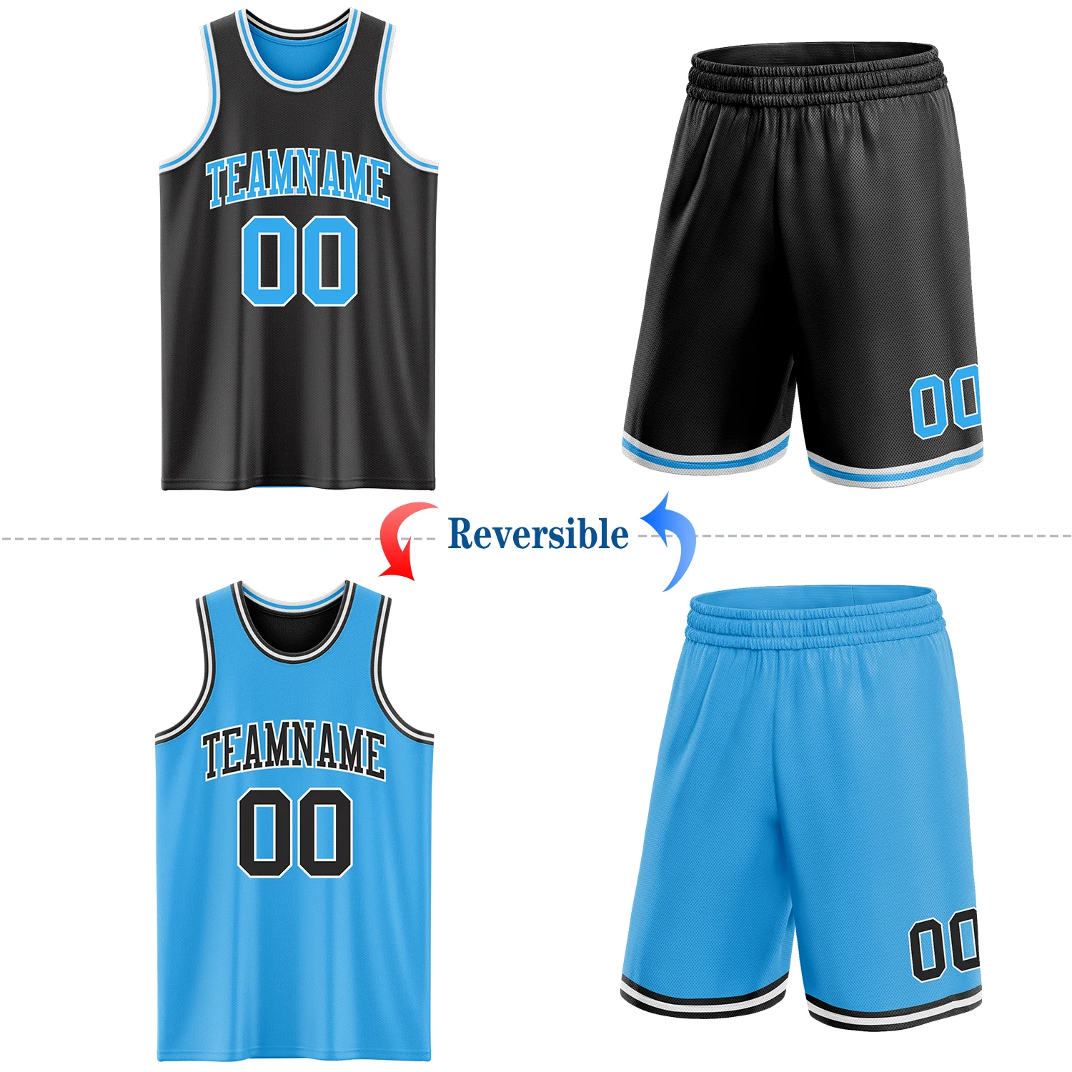 Custom Reversible Black Sky Blue-White Double Side Sublimation Basketball Suit Jersey - Image 2