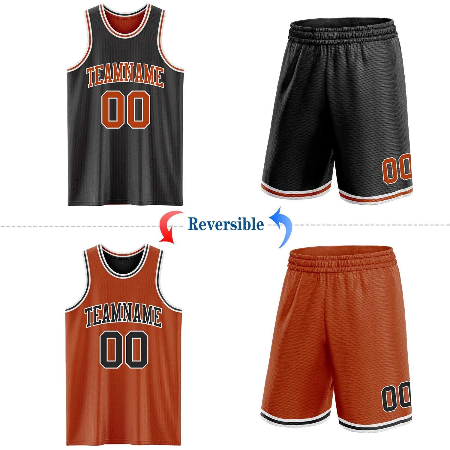 Custom Reversible Black Texas Orange-White Double Side Sublimation Basketball Suit Jersey - Image 2