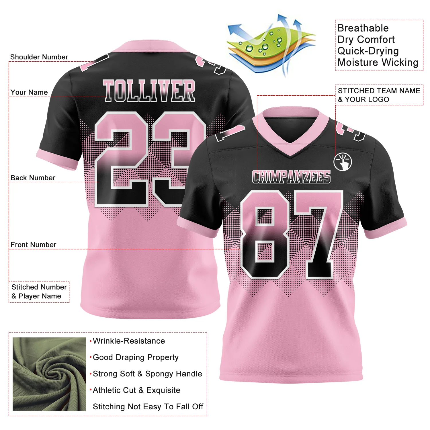 Custom Black Light Pink-White Authentic Gradient Square Shape Flag Football Jersey - Image 2