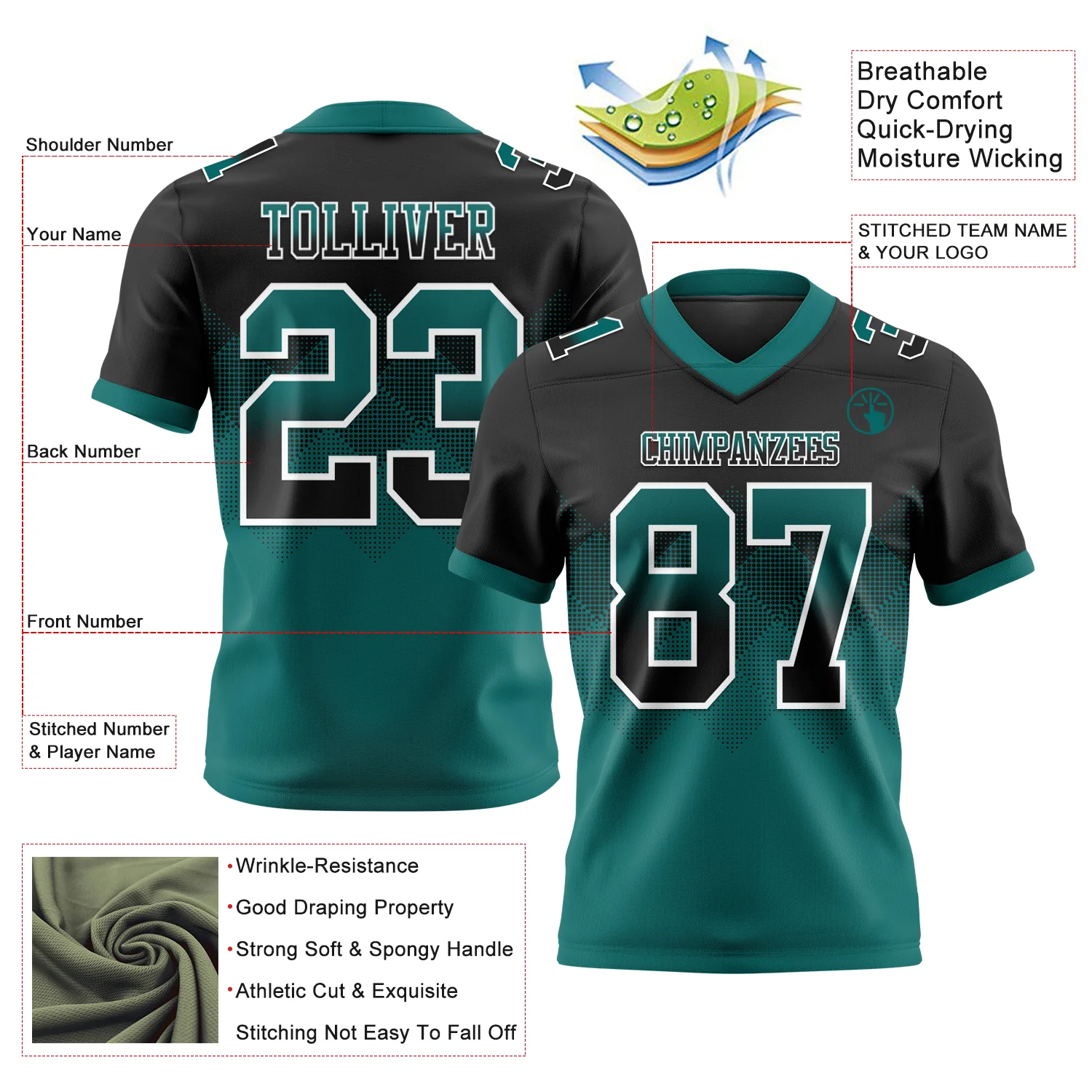 Custom Black Teal-White Authentic Gradient Square Shape Flag Football Jersey - Image 2