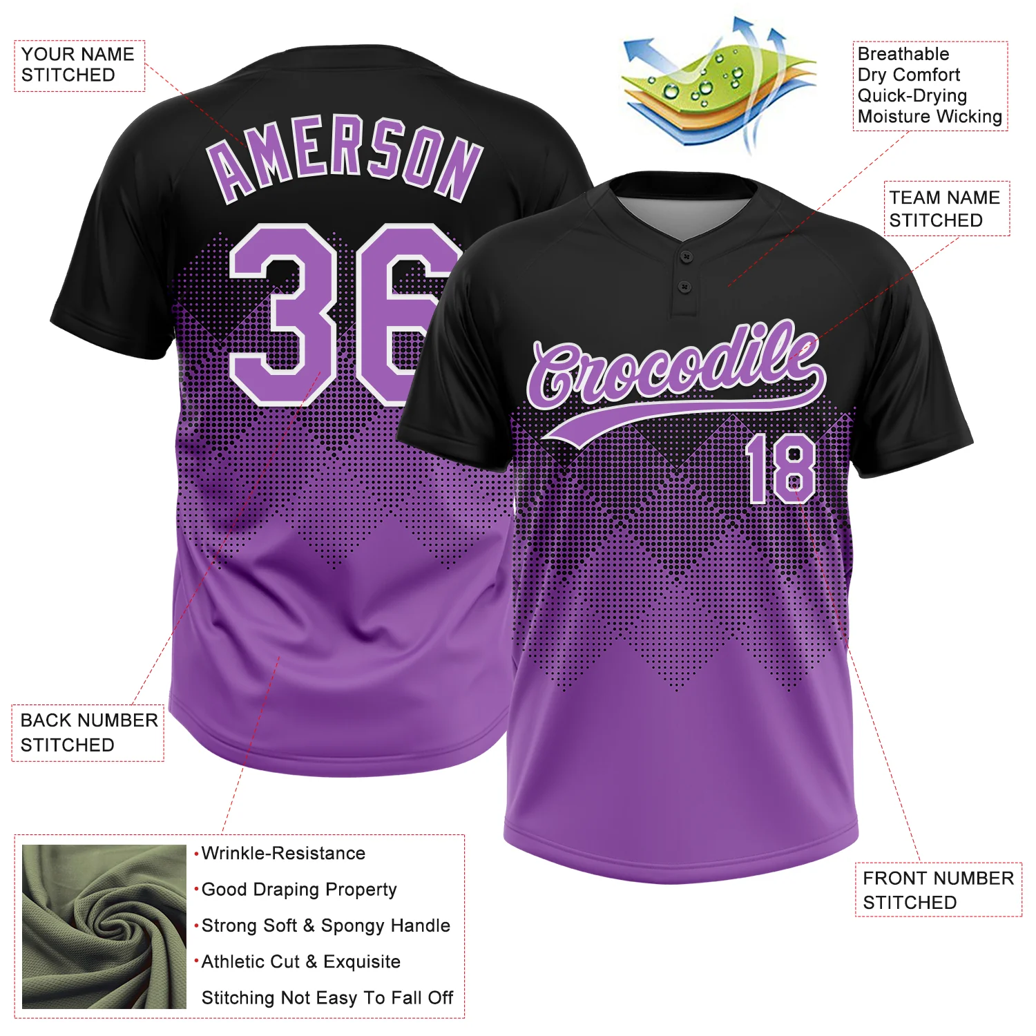 Custom Black Medium Purple-White 3D Gradient Square Shape Two-Button Unisex Softball Jersey - Image 3