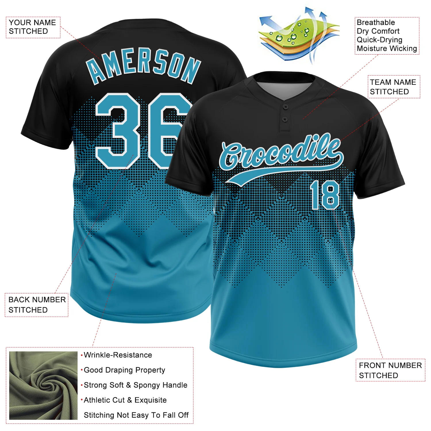 Custom Black Panther Blue-White 3D Gradient Square Shape Two-Button Unisex Softball Jersey - Image 3