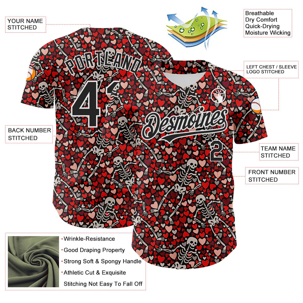Custom Black White 3D Skeleton And Heart Authentic Baseball Jersey - Image 3