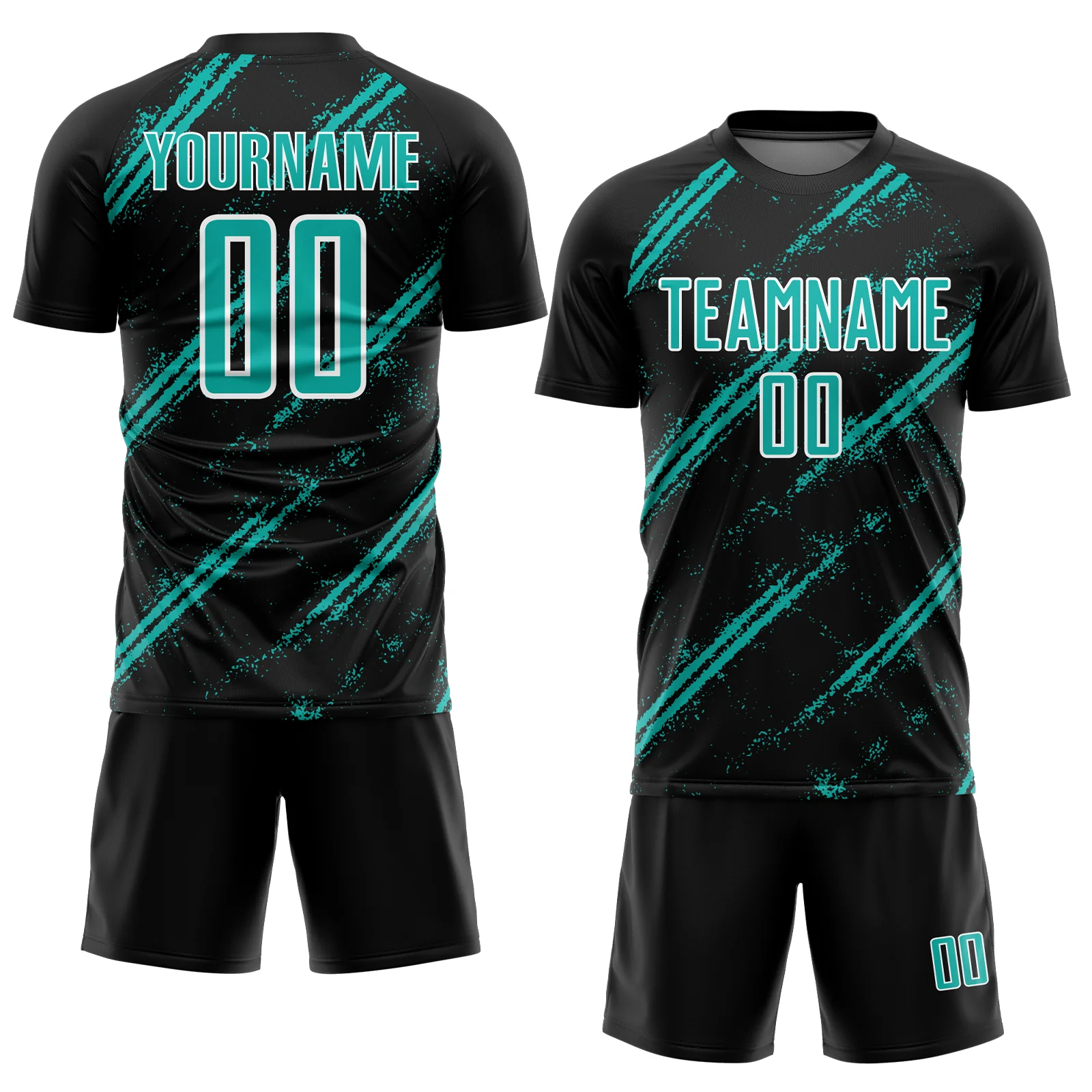 Custom Black Aqua-White Abstract Fragment Art Splash Sublimation Soccer Uniform Jersey - Image 2