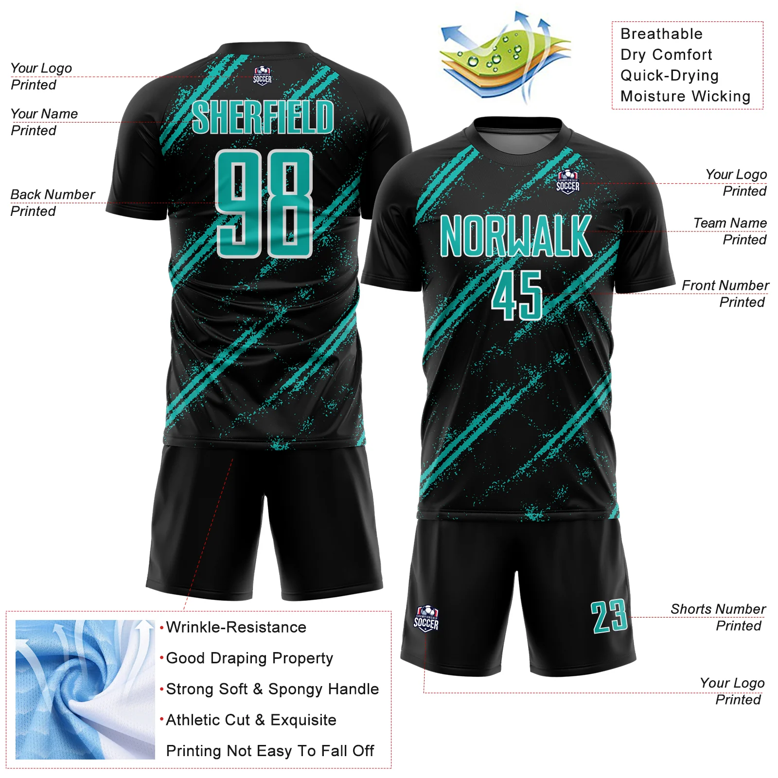 Custom Black Aqua-White Abstract Fragment Art Splash Sublimation Soccer Uniform Jersey - Image 4