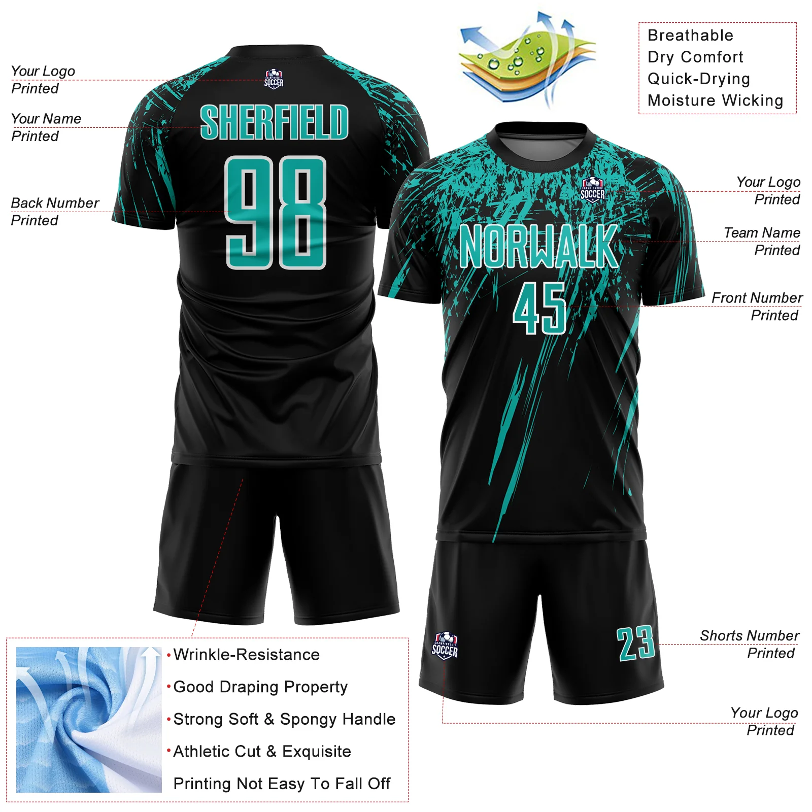 Custom Black Aqua-White Splash Sports Sublimation Soccer Uniform Jersey - Image 4