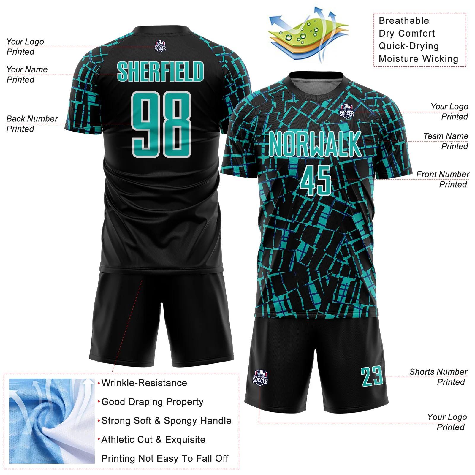 Custom Black Aqua-White Abstract Line Sports Sublimation Soccer Uniform Jersey - Image 4