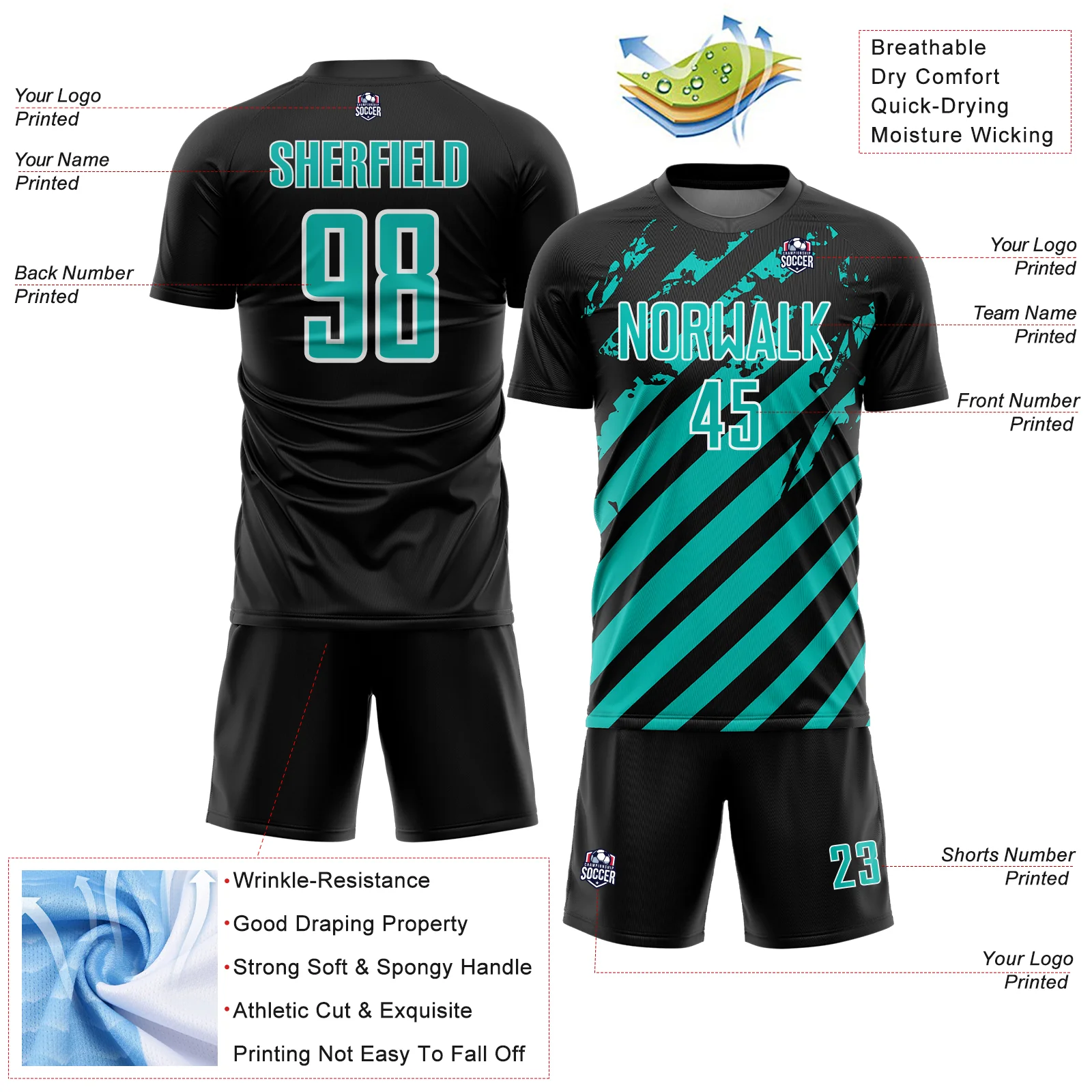 Custom Black Aqua-White Distressed Diagonal Stripe Pattern Sports Sublimation Soccer Uniform Jersey - Image 4