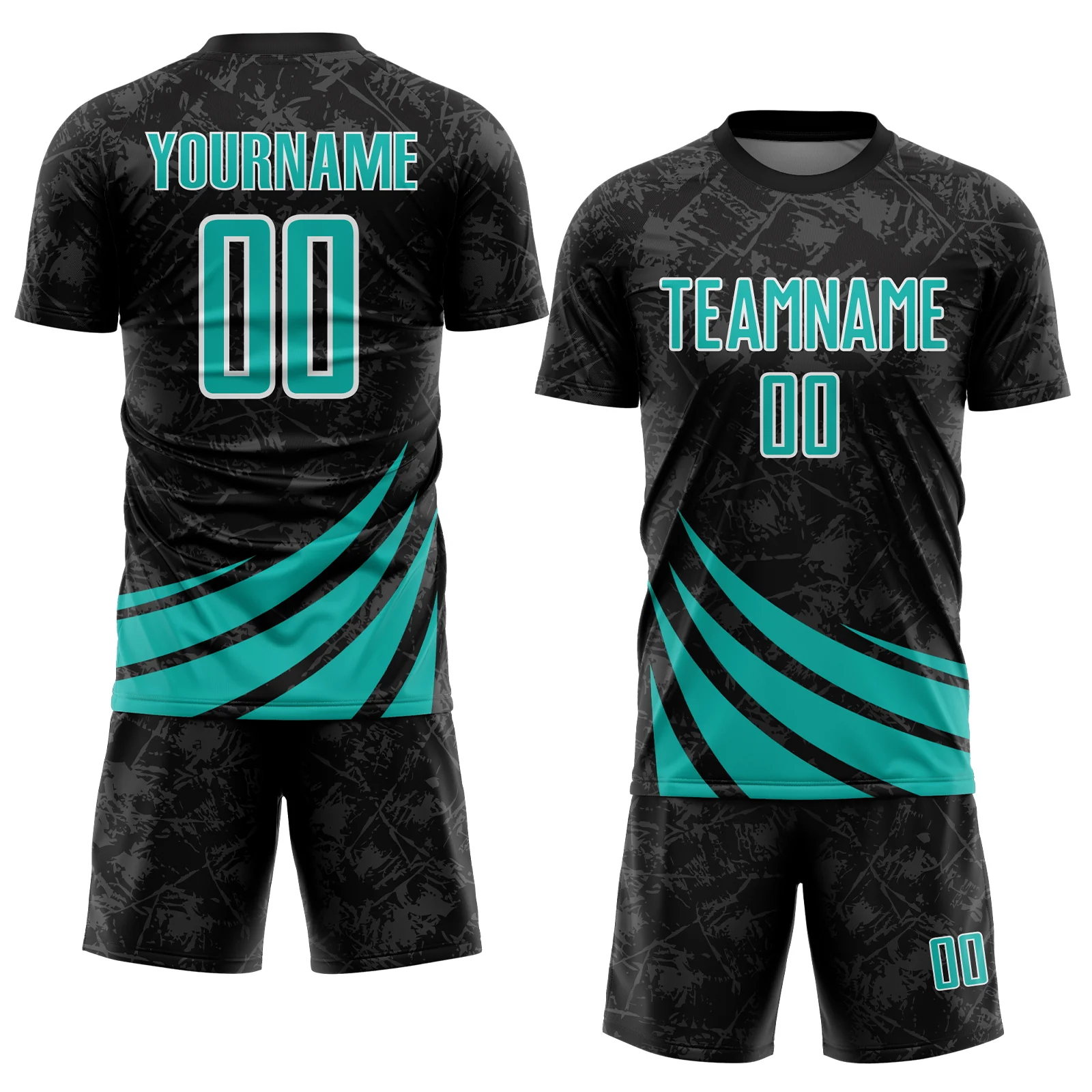 Custom Black Aqua-White Distressed Diagonal Stripes Wind Shapes Sports Sublimation Soccer Uniform Jersey - Image 2