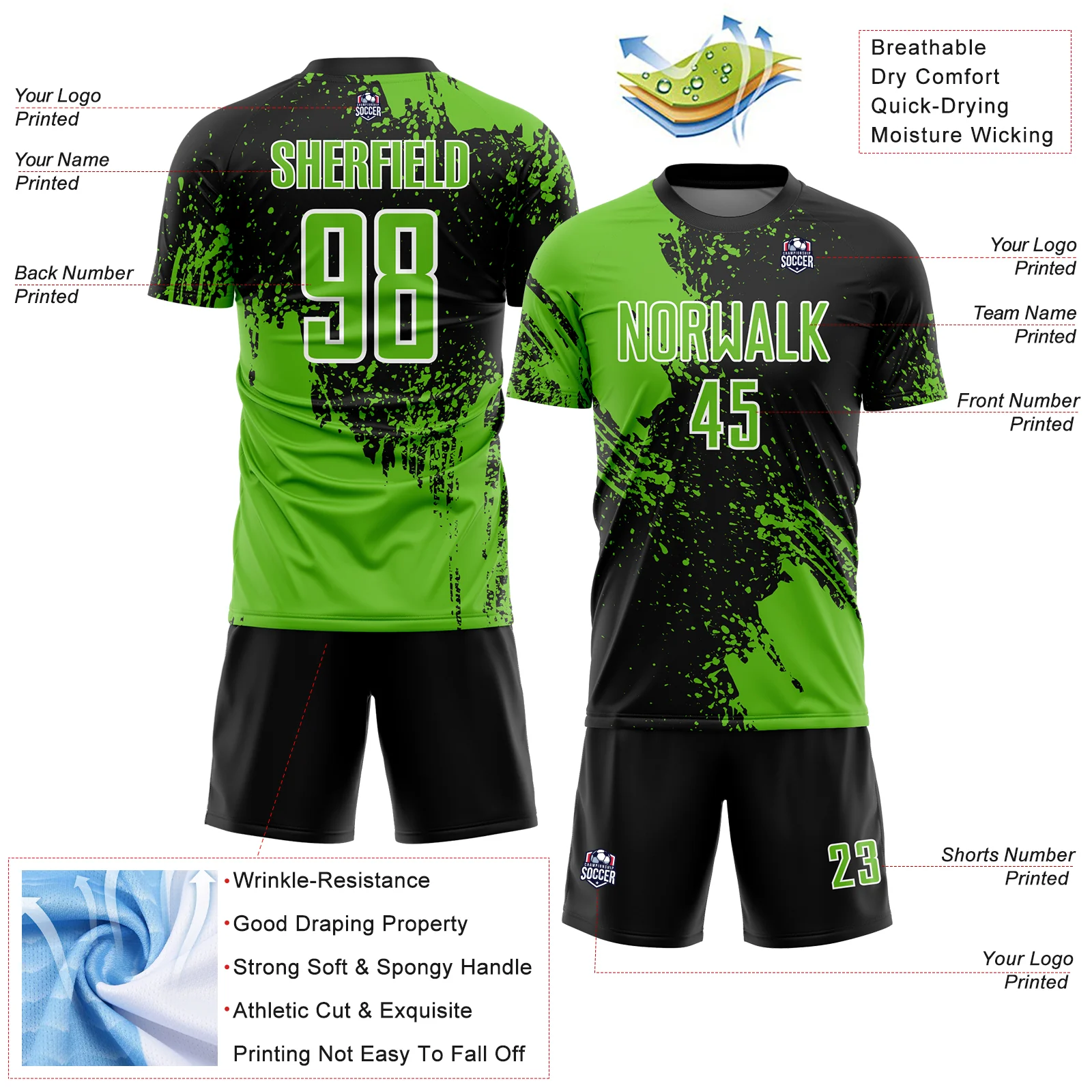 Custom Black Aurora Green-White Abstract Brush Stroke Sports Sublimation Soccer Uniform Jersey - Image 4