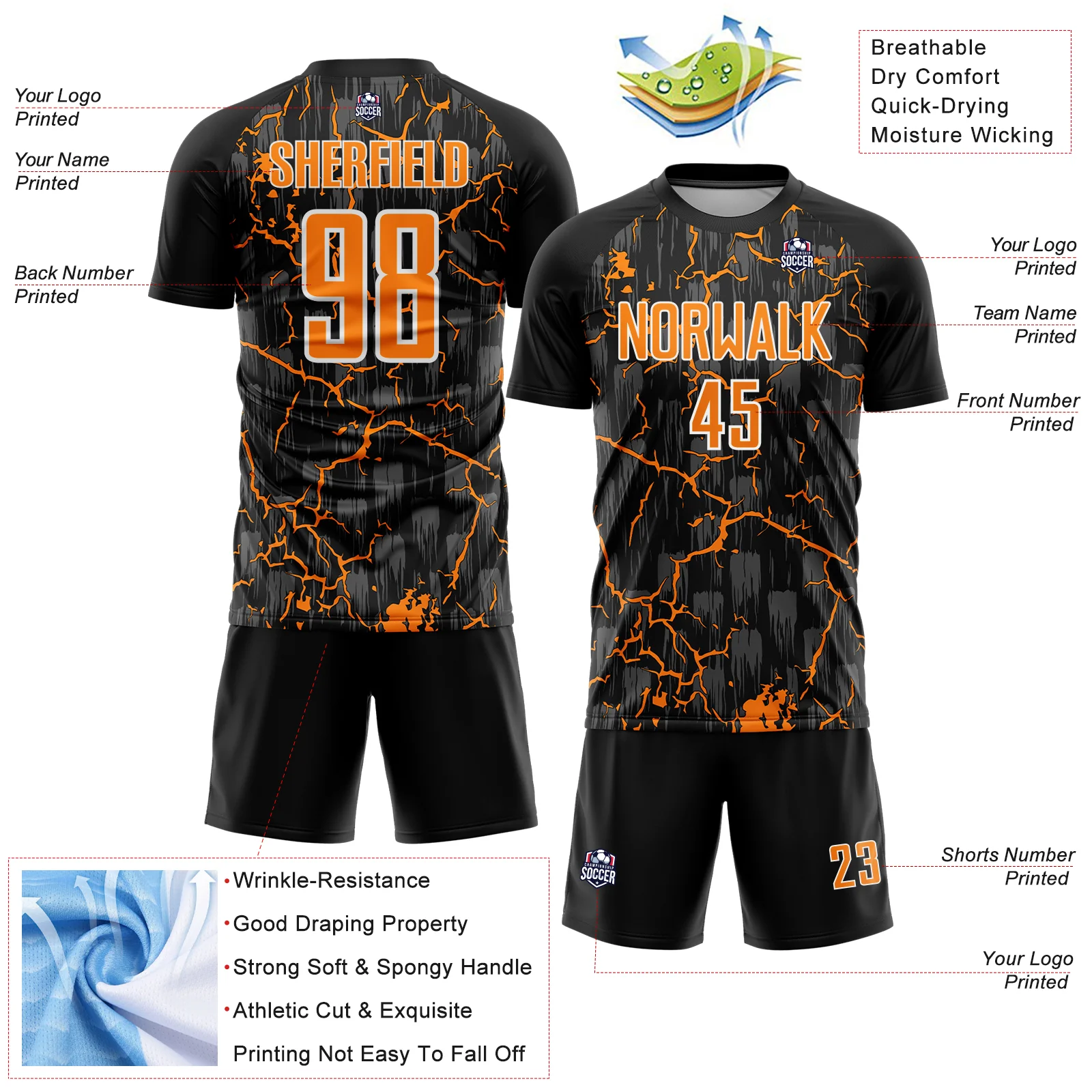Custom Black Bay Orange-White Lightning Sublimation Soccer Uniform Jersey - Image 4