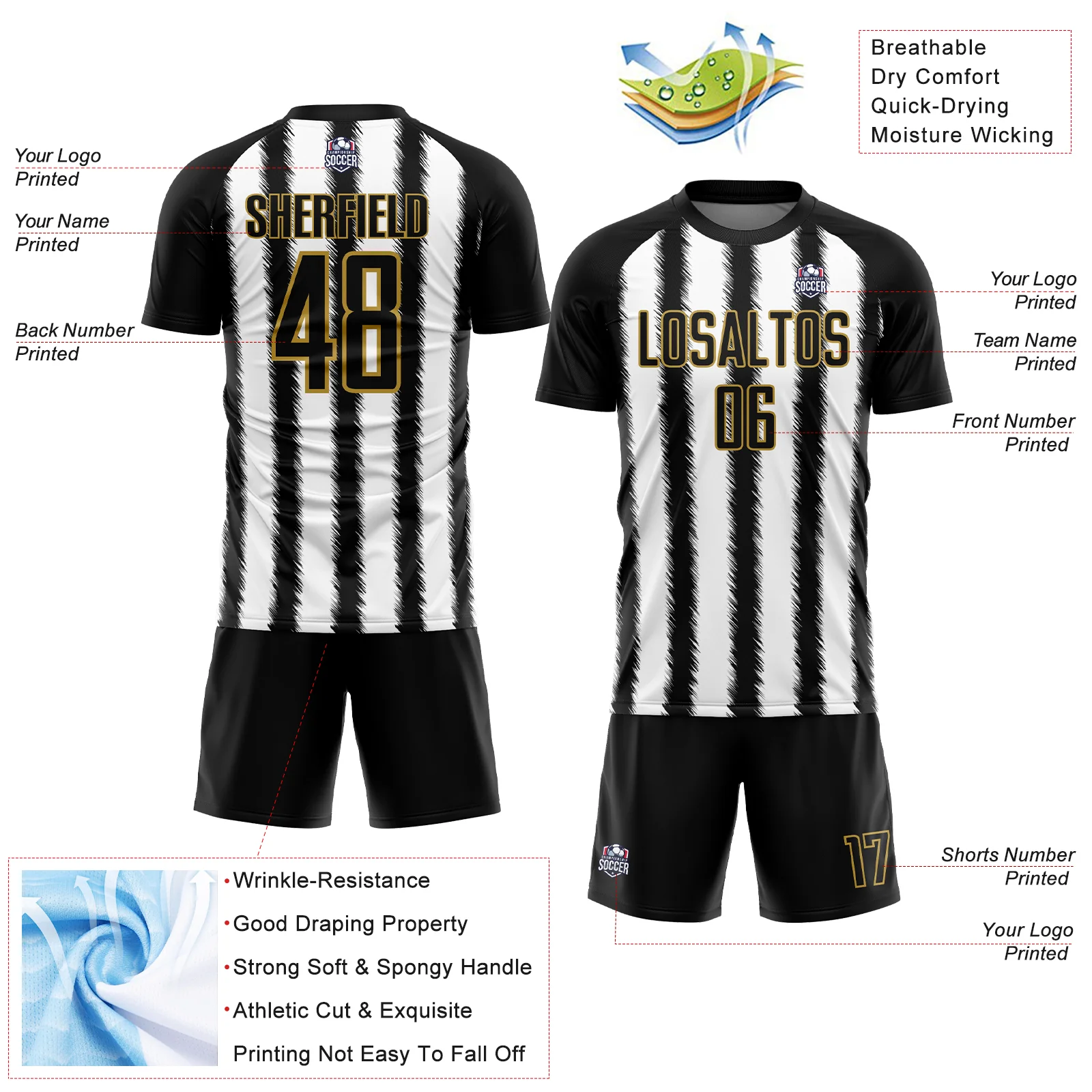 Custom Black White-Old Gold Line Sublimation Soccer Uniform Jersey - Image 4