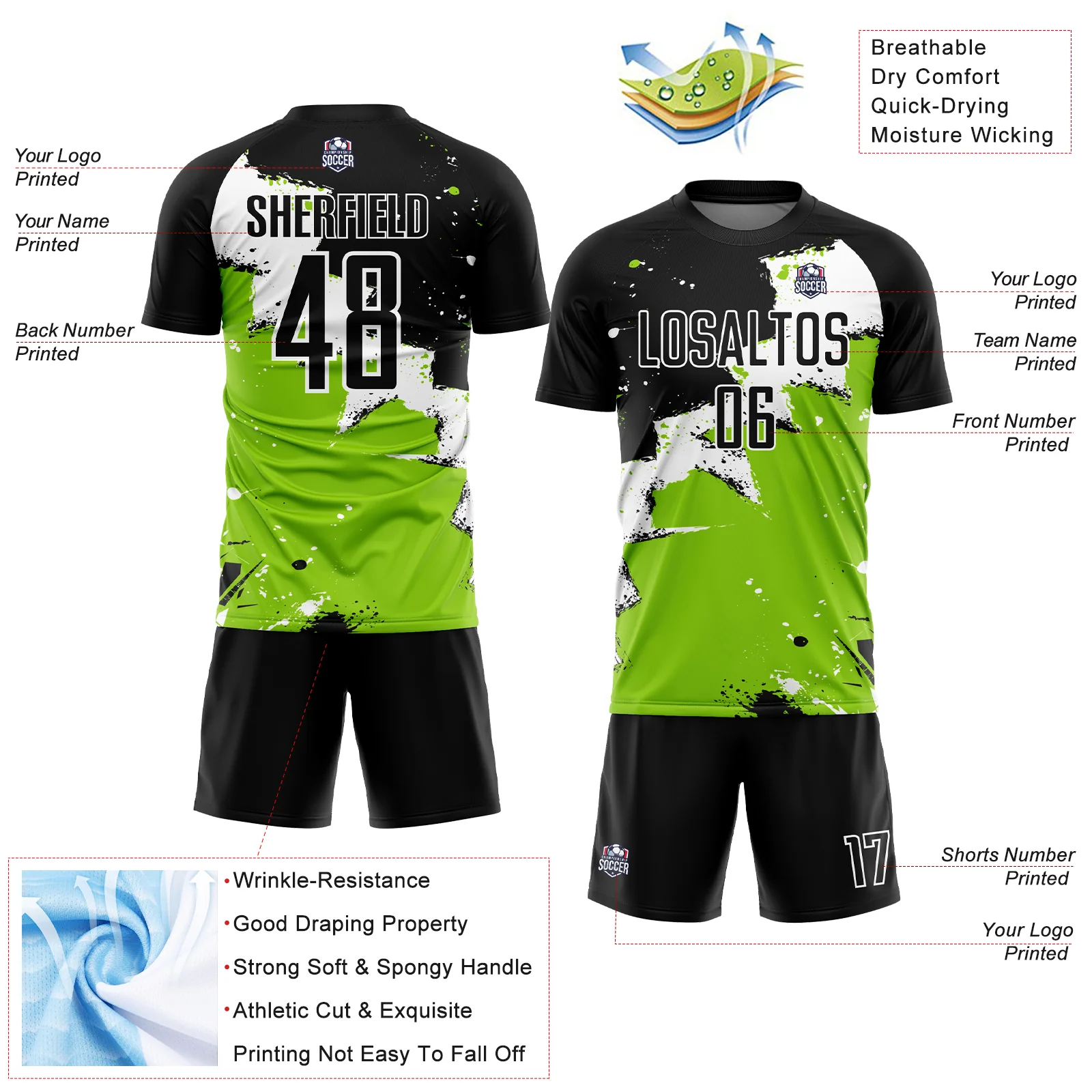 Custom Black White-Neon Green Spalsh Sublimation Soccer Uniform Jersey - Image 4