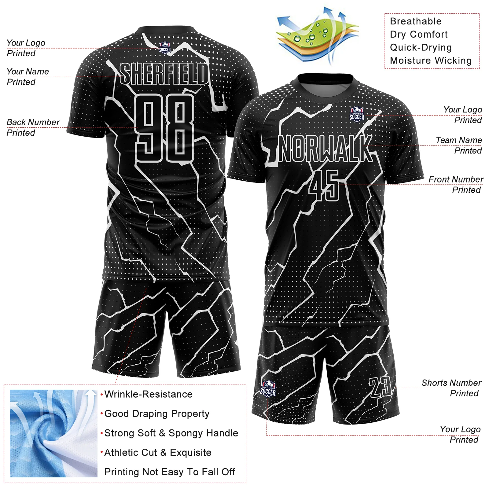 Custom Black White Lightning Sublimation Soccer Uniform Jersey - Image 4
