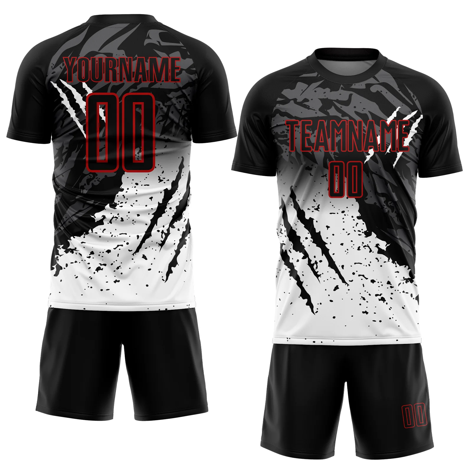 Custom Black White-Red Gradient Scratch Splash Sublimation Soccer Uniform Jersey - Image 2