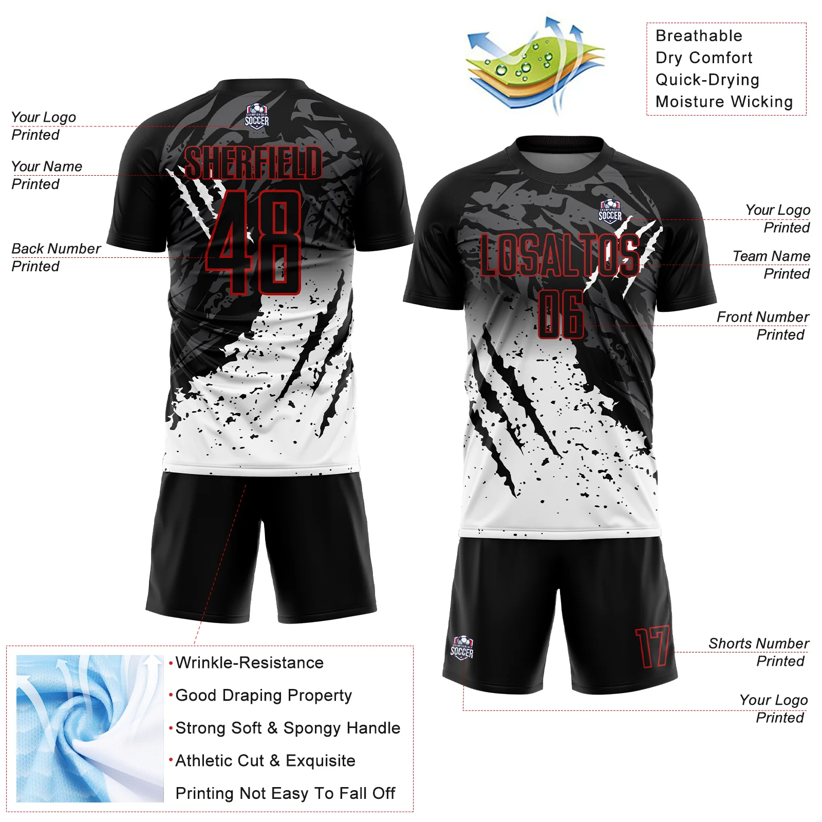 Custom Black White-Red Gradient Scratch Splash Sublimation Soccer Uniform Jersey - Image 4