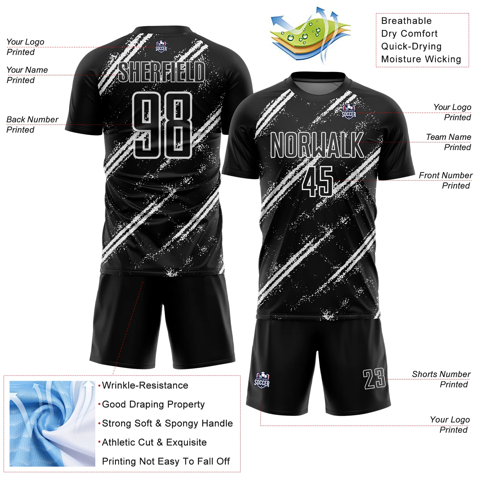 Custom Black White Abstract Fragment Art Splash Sublimation Soccer Uniform Jersey - Image 4