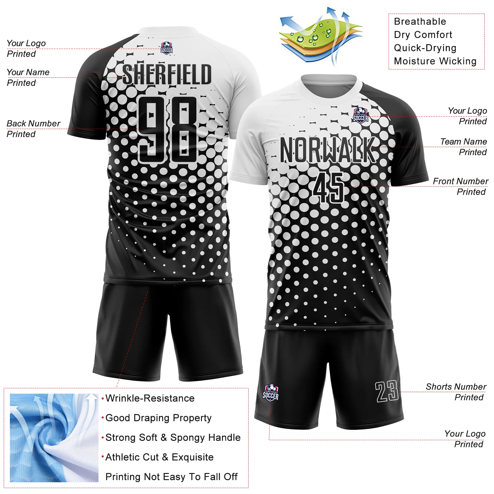 Custom Black White Modern Polka Dot Sublimation Soccer Uniform Jersey - Image 4
