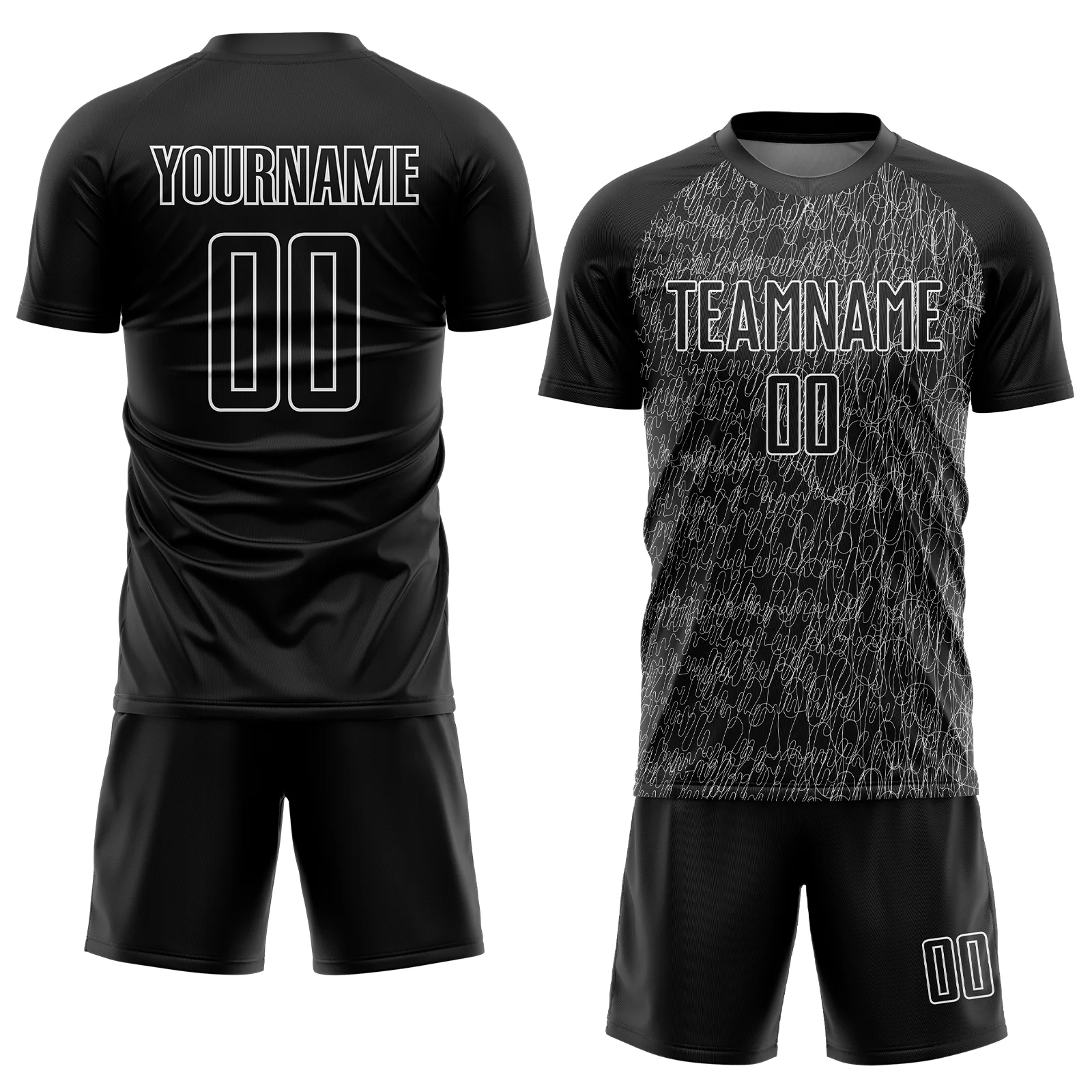 Custom Black White Abstract Scribble Curve Line Pattern Sports Sublimation Soccer Uniform Jersey - Image 2