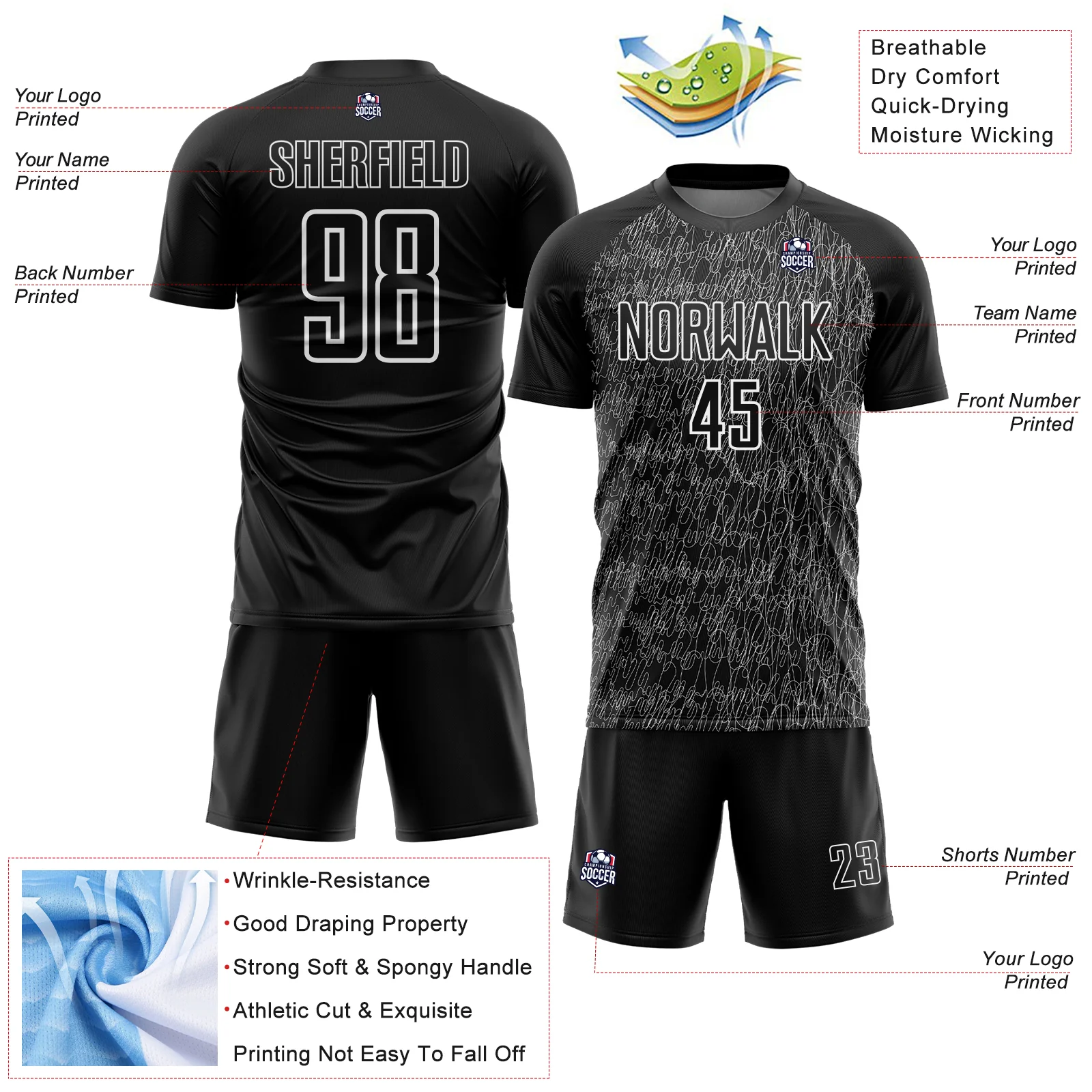 Custom Black White Abstract Scribble Curve Line Pattern Sports Sublimation Soccer Uniform Jersey - Image 4